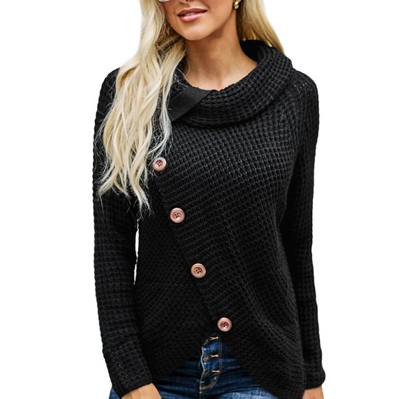 DoubleCat Boutique Sweaters - Black Cowl Neck Button Wrap Sweater